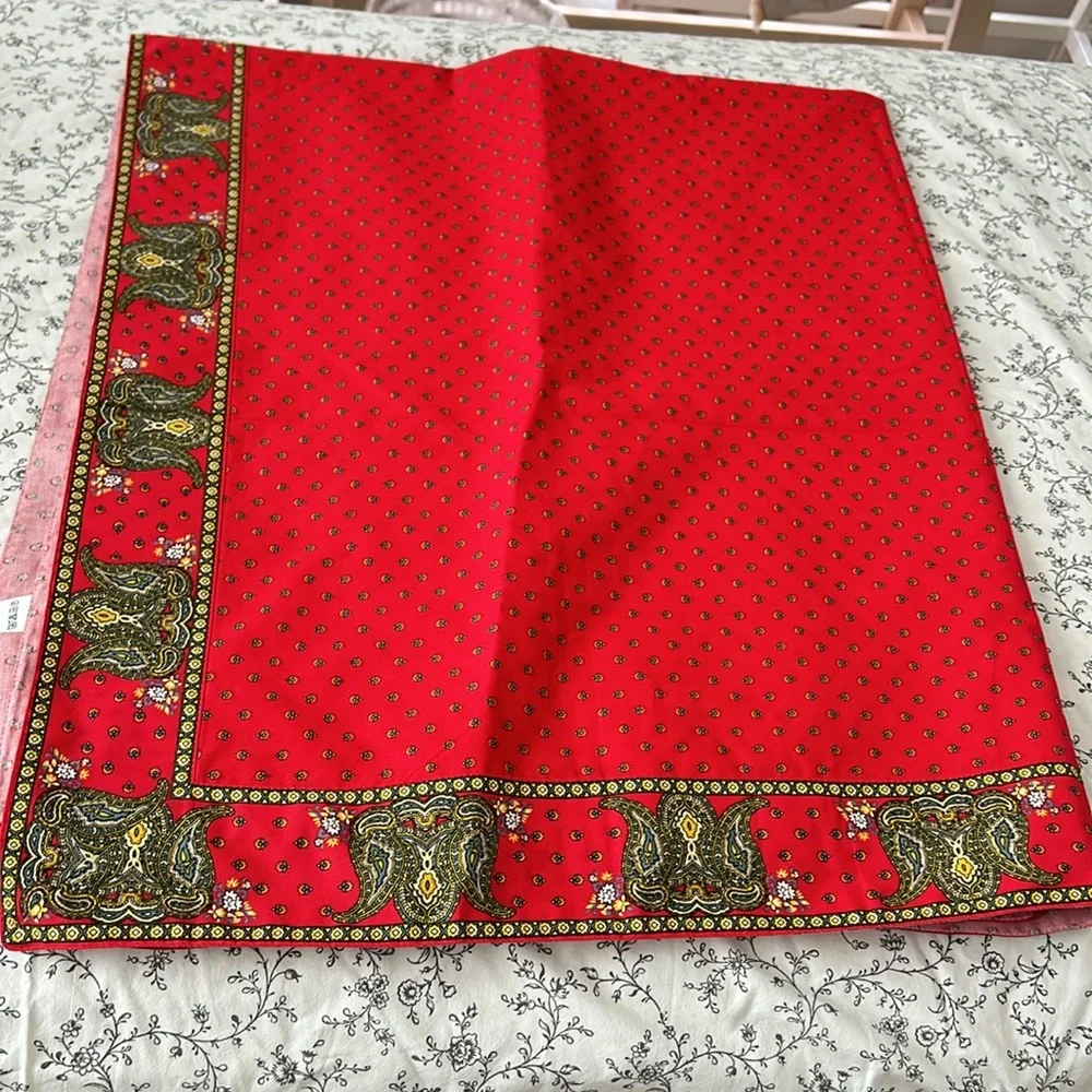 Cotton table cloth in red, green and yellow print floral design rectangular